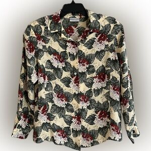 Vintage Brigata Silk 100% Silk Long Sleeve Hydrangea Floral Blouse MOP Buttons M